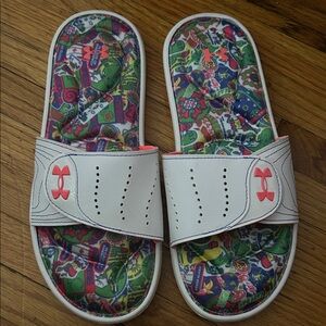 Under Armour women’s White and Colorful Pattern Slides
